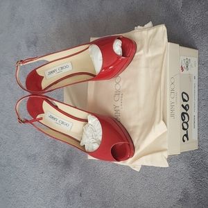 Red Jimmy Choo patent leather sling back open toed pumps